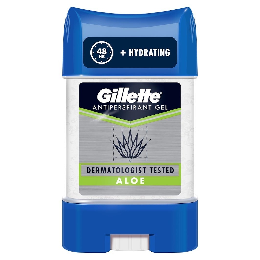 Gillette Hydra Gel Aloe Antiperspirant Gel in a blue and white stick container, featuring an aloe plant graphic, labeled as dermatologist tested and providing 48-hour protection.
