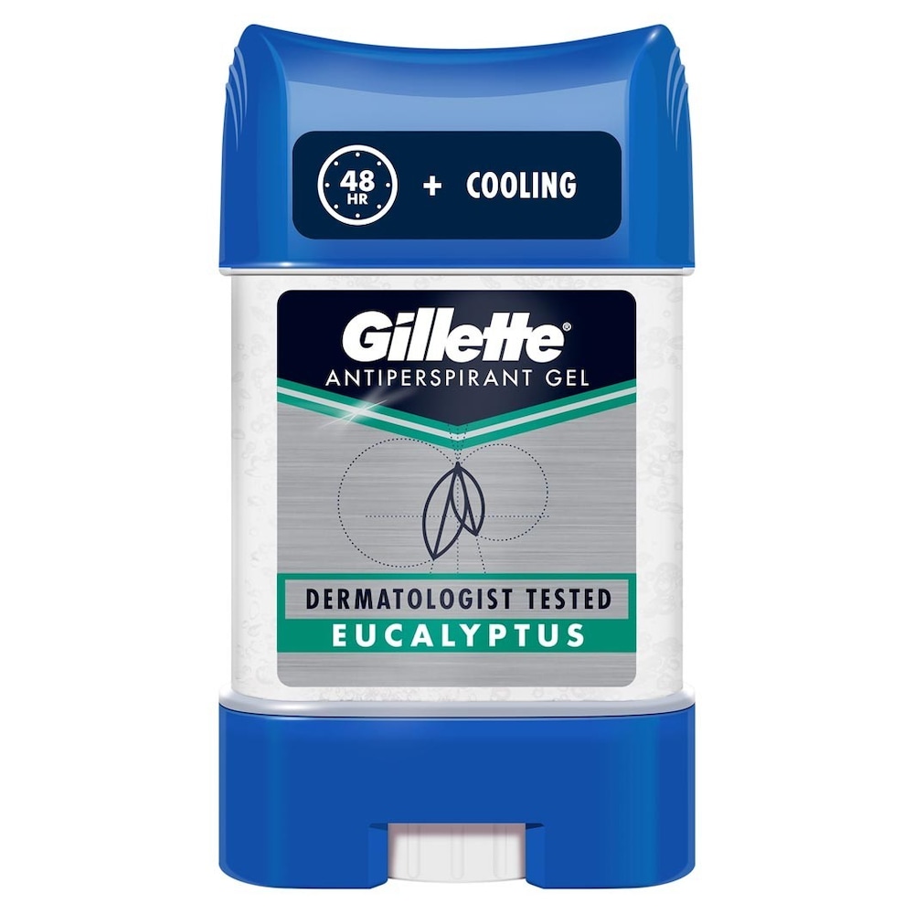 Blue and white stick of Gillette Hydra Gel Eucalyptus Antiperspirant, featuring a cooling effect, 48-hour protection label, and dermatologist-tested branding.