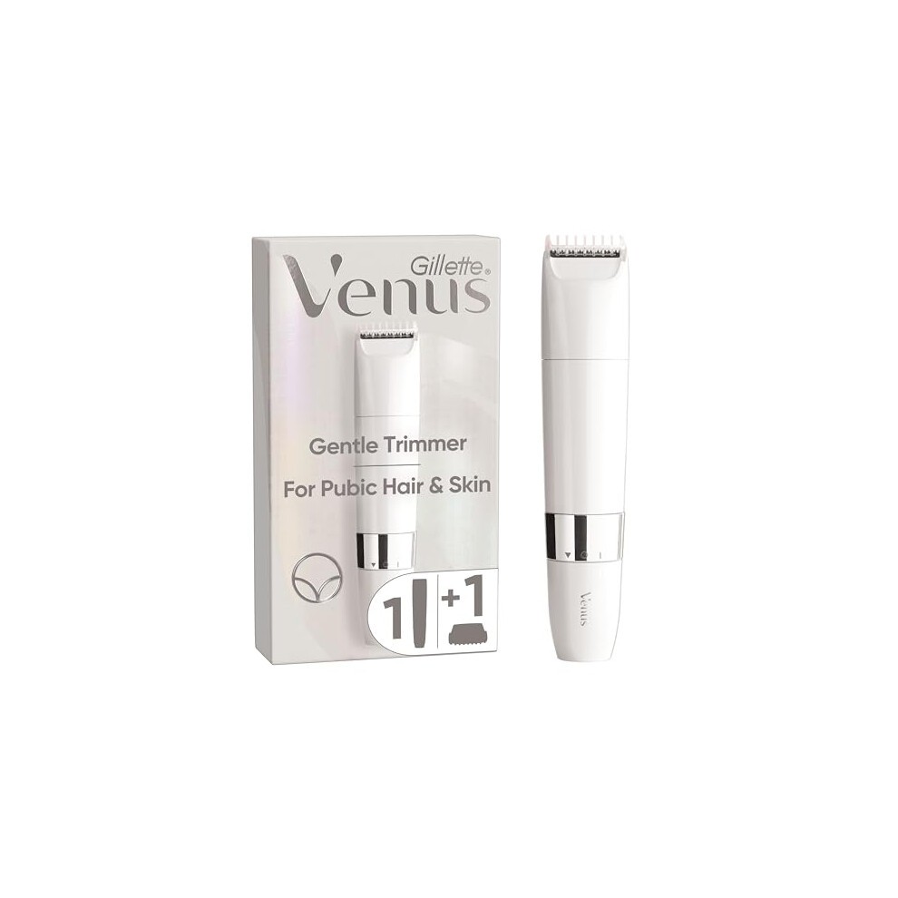 White Gillette Venus gentle trimmer for pubic hair and skin, featuring a sleek design, silver accents, and a packaging box with the Venus logo and product details.