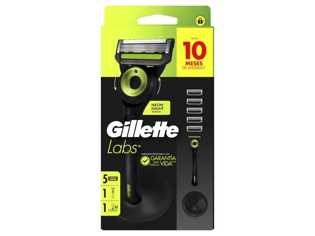Gillette Neon Night razor set featuring a black and neon green handle, five replacement blades, and a stand, all packaged in a sleek black box with bold graphics.
