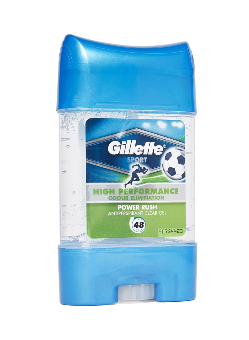 Clear gel antiperspirant in a blue and green container, featuring a soccer graphic, labeled "Gillette Sport High Performance Odour Elimination Power Rush 70 ml."