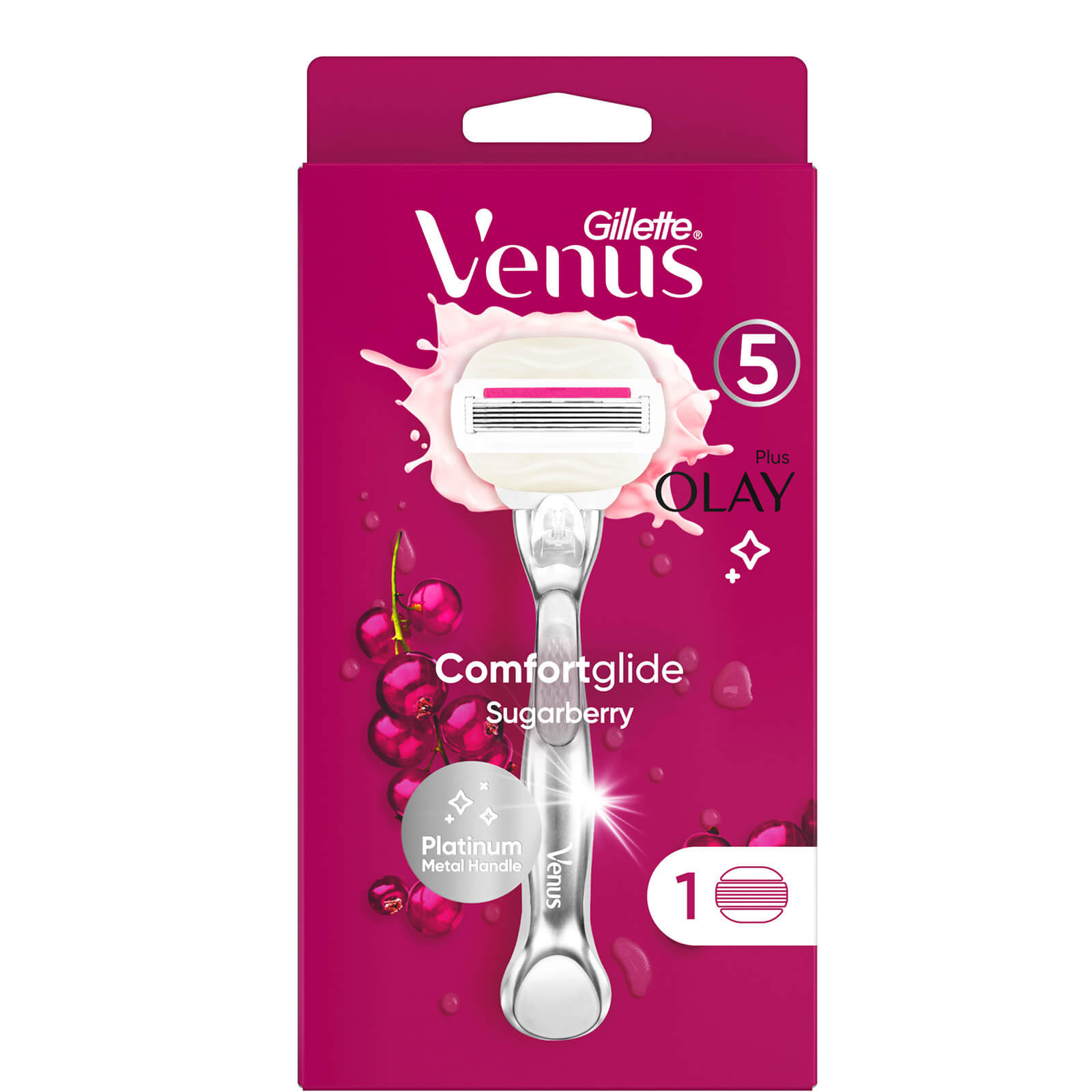 Venus Comfortglide Sugarberry razor features a platinum metal handle, five blades, and a pink packaging with berry graphics, highlighting its moisturizing Olay formula.