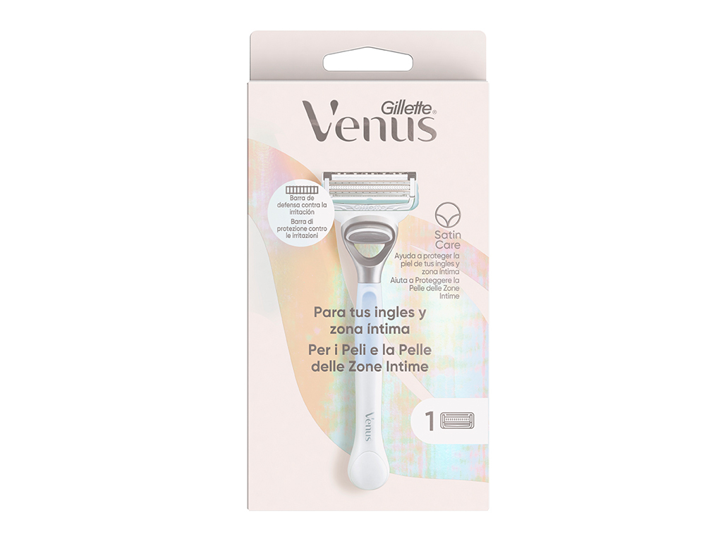 Gillette Venus Intima Razor 1 in a sleek white design, featuring a satin care blade, packaged in a pastel pink box with holographic accents and clear usage instructions.