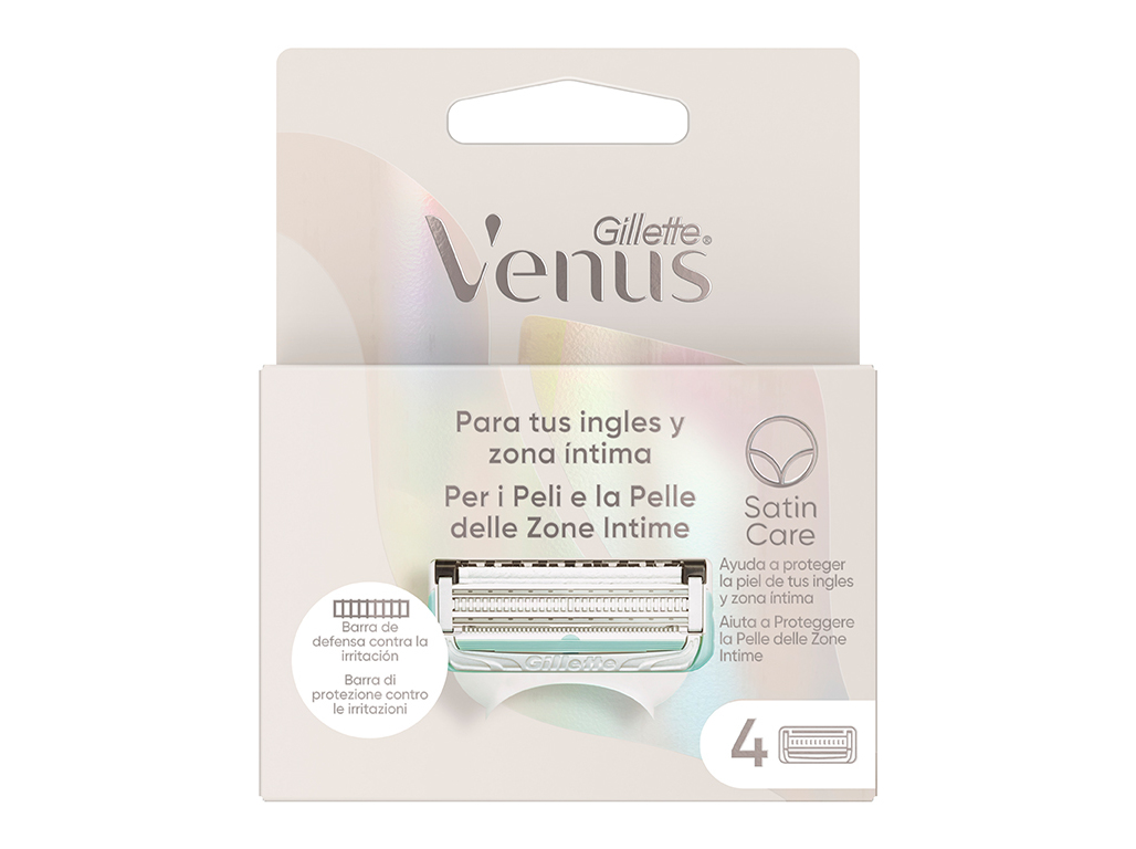Gillette Venus Intima manual shaving razor packaging, featuring a sleek design, pastel colors, and text highlighting its suitability for intimate areas and skin protection.