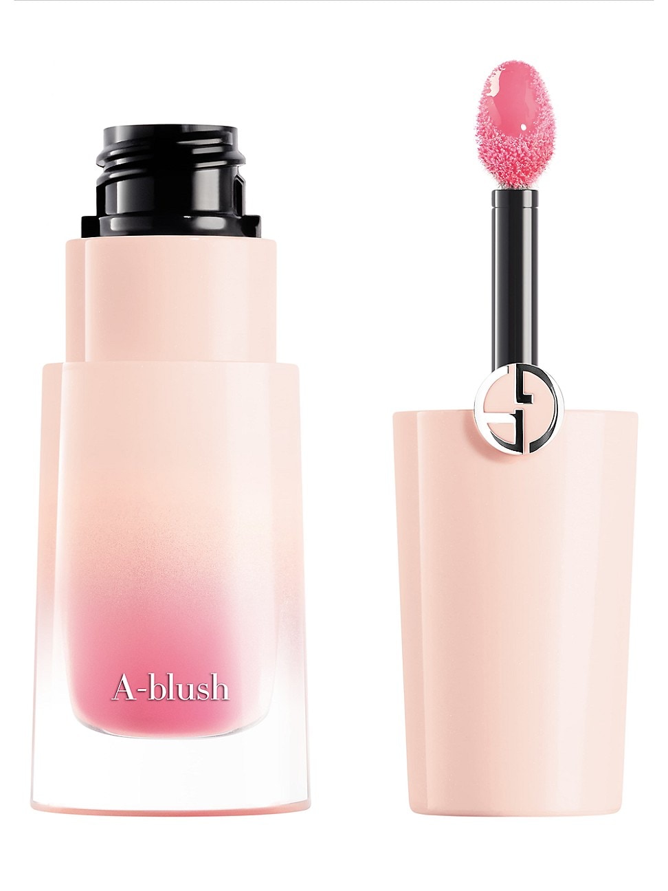 Armani Beauty Neo Nude Blush in shade 50 features a sleek, frosted glass bottle with a pink gradient, a black pump top, and a soft applicator wand for easy application.