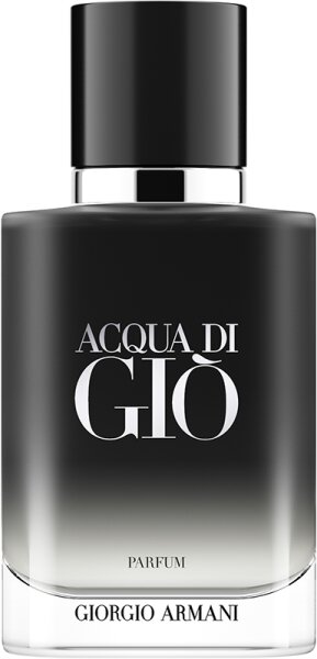 Black and clear glass bottle of Armani Beauty Acqua Di Gio Parfum, featuring a sleek design, silver cap, and bold white text, with a gradient effect from black to clear.