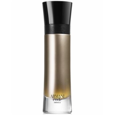 Giorgio Armani Code Absolu Parfum in a sleek glass bottle with a gradient from gold to clear, topped with a glossy black cap and a black band around the neck.