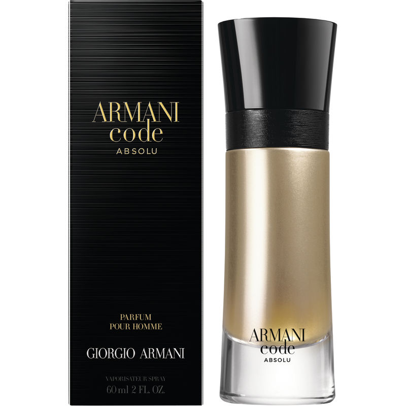 Giorgio Armani's Armani Code Absolu Parfum features a sleek glass bottle with a gold gradient and a black cap, presented in a black box with gold lettering.