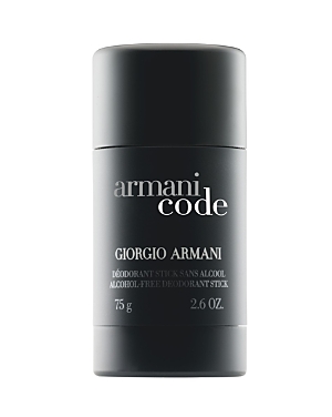 Black cylindrical deodorant stick with "Armani Code" and "Giorgio Armani" printed in white text, featuring a sleek, minimalist design and a 75g weight.