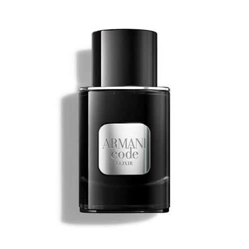 Black glass bottle with a sleek design, featuring a silver label that reads "ARMANI CODE ELIXIR," topped with a matte black cap, containing 1.7 oz of men's parfum spray.