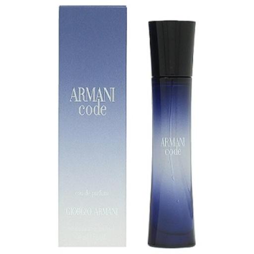 Armani Code Eau De Parfum Spray for Women in a sleek, dark blue ombre bottle with a black cap, accompanied by a matching blue and white box.