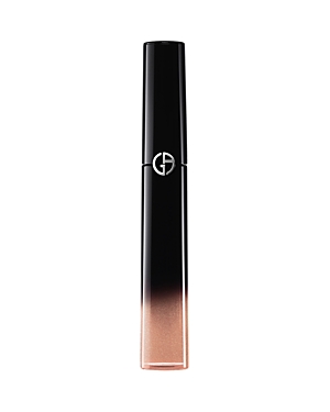 Sleek black tube with a gradient to light peach, featuring the Giorgio Armani logo, containing 6 ml of shiny lip gloss in shade 01, Light.