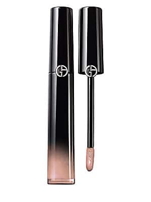 Giorgio Armani Ecstasy Lacquer Lip Gloss in shade 202 Night Nude, featuring a sleek black tube with a gradient finish and a doe-foot applicator, presented in a new box.