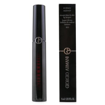 Sleek black tube of Armani Beauty Ecstasy Mirror Elevated Shine & Color Lip Lacquer, featuring a shiny finish and a logo, with a matching black box displaying product details.