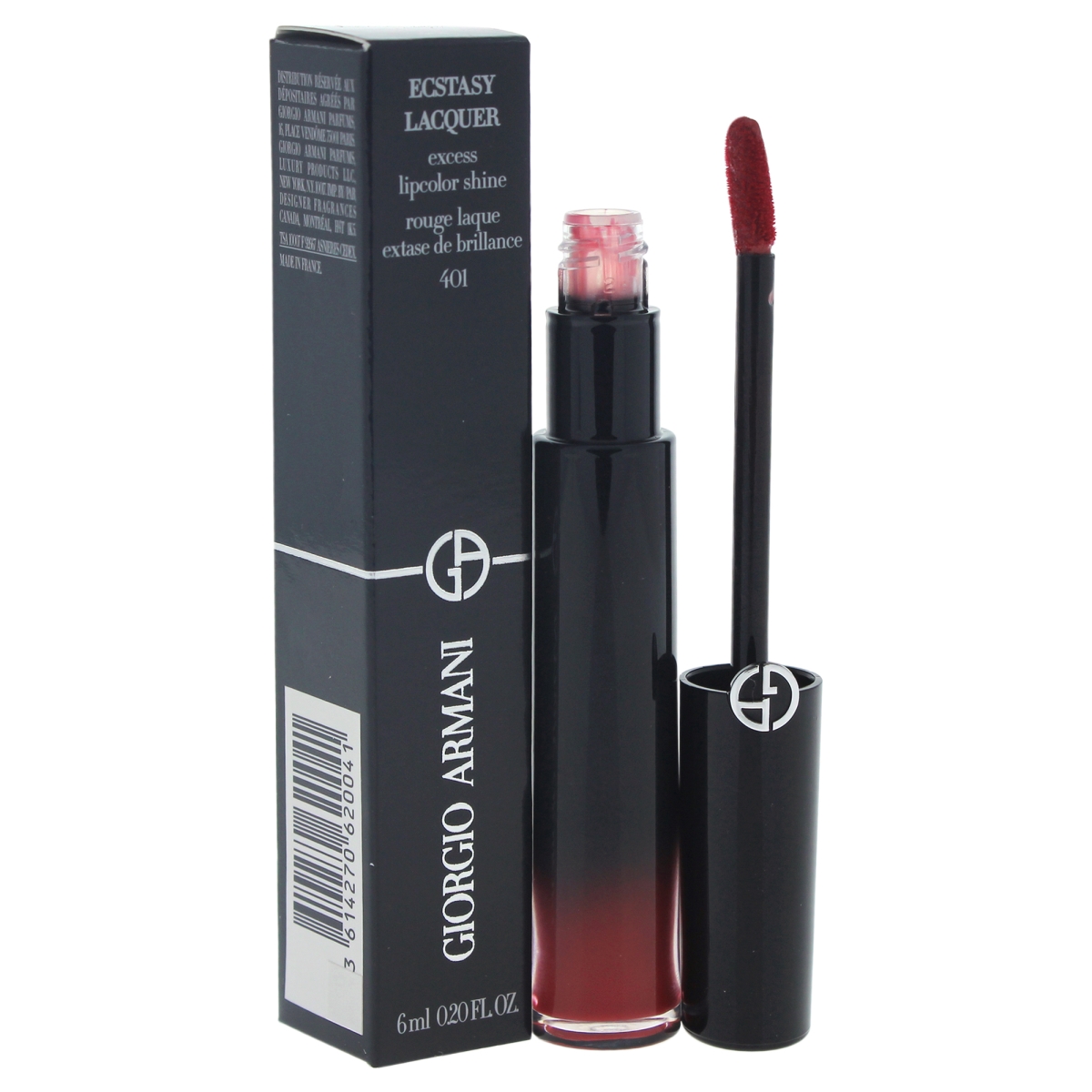 Armani Beauty Ecstasy Lacquer in shade 401 features a sleek black tube with a gradient red hue, accompanied by a doe-foot applicator for precise application.