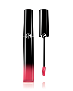 Glossy black tube with a gradient from deep pink to clear, featuring a sleek applicator wand with a bright pink lacquer tip, showcasing Giorgio Armani's logo on the cap.