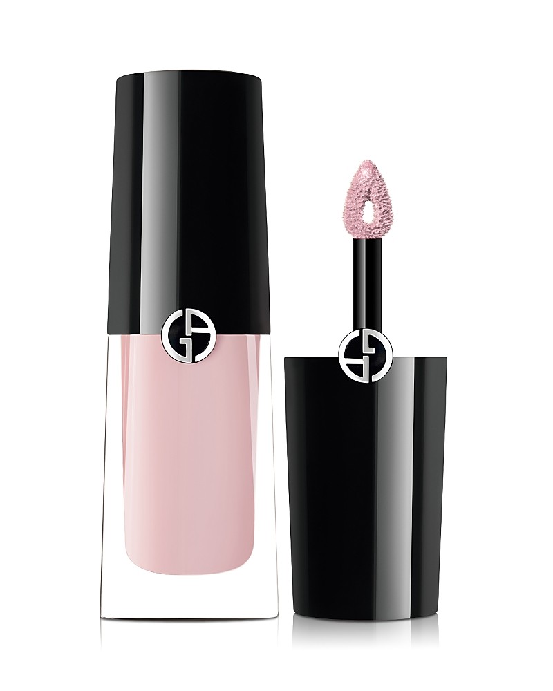 Armani Beauty Eye Tint in a sleek black and clear container, featuring a pointed applicator and a soft pink liquid inside.