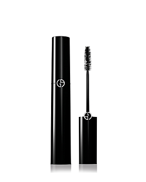 Black cylindrical tube with a glossy finish, featuring the Giorgio Armani logo, alongside a black bristle mascara wand.