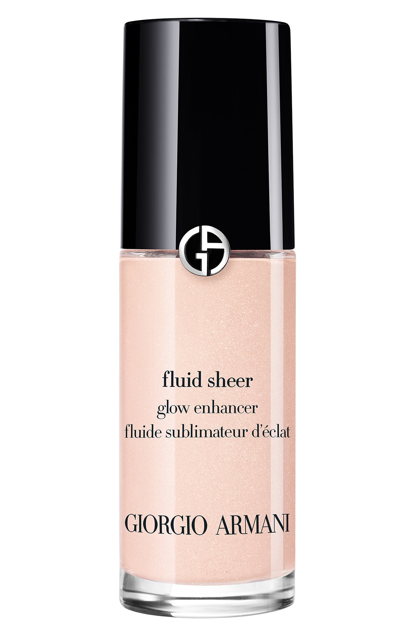 A sleek glass bottle containing a pink liquid highlighter, featuring a black cap and a silver logo, labeled "Fluid Sheer Glow Enhancer" by Giorgio Armani.