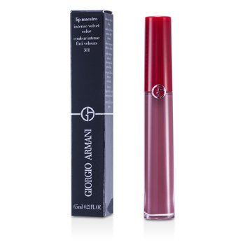 Armani Beauty Lip Maestro in a sleek, clear tube with a red cap, showcasing a rich matte red liquid lip color, accompanied by a stylish black box featuring the brand logo.