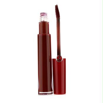 Deep burgundy liquid lipstick in a clear tube with a sleek red cap, featuring a doe-foot applicator for precise application, labeled "201 Dark Velvet" by Armani Beauty.