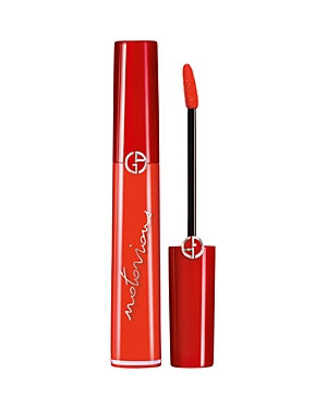 Bright orange liquid lipstick in a sleek, glossy red tube with a black applicator, featuring the Giorgio Armani logo and "motorians" written in white.
