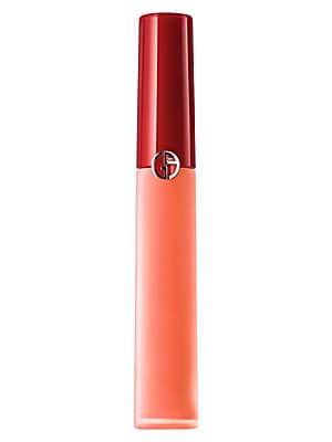 Velvet orange lipstick in a sleek, cylindrical tube with a glossy red cap, featuring the Giorgio Armani logo on the front, labeled as "305 Tangerine."