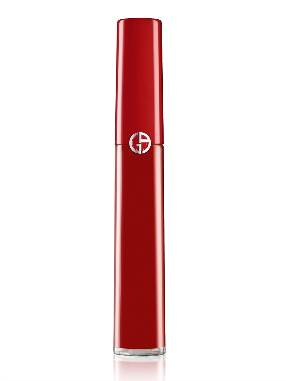 Red liquid lipstick in a sleek, glossy tube with a rounded cap, featuring the Giorgio Armani logo embossed on the front.