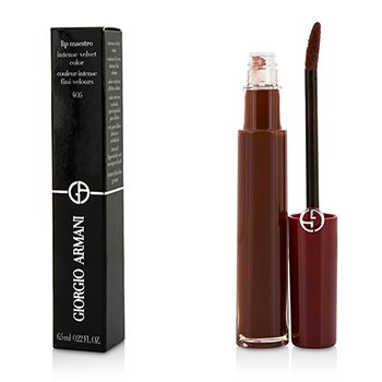 Armani Beauty Lip Maestro Lacquer in shade 405 Sultan, featuring a sleek red tube with a doe-foot applicator, alongside a black and silver box with the brand logo.