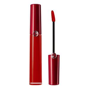 Giorgio Armani Lip Maestro Velvet Red Lipstick 417 Blaze features a sleek red tube with a glossy finish and a black applicator wand, showcasing a vibrant red shade.