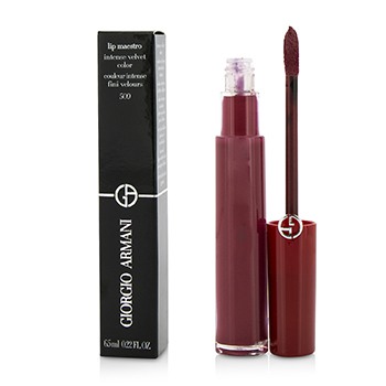 Giorgio Armani Maestro Stain Liquid Lipstick in shade 509, featuring a deep burgundy color, sleek tube, and applicator wand, alongside a black and white branded box.