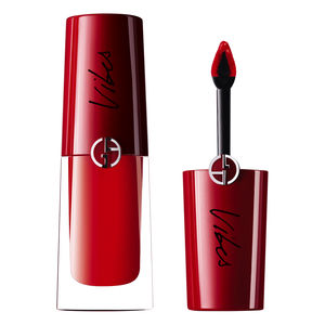 Giorgio Armani Lip Magnet Liquid Lipstick in vibrant scarlet red, featuring a sleek glass container and a pointed applicator for precise application.