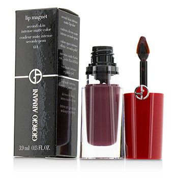 A sleek glass lip product with a black box, featuring a red applicator and a deep plum shade labeled "601 Eleganza" by Giorgio Armani.