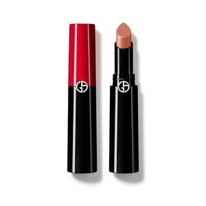 Armani Beauty Lip Power Lipstick in shade 103 features a sleek black tube with a glossy red cap, showcasing a creamy nude lipstick bullet.