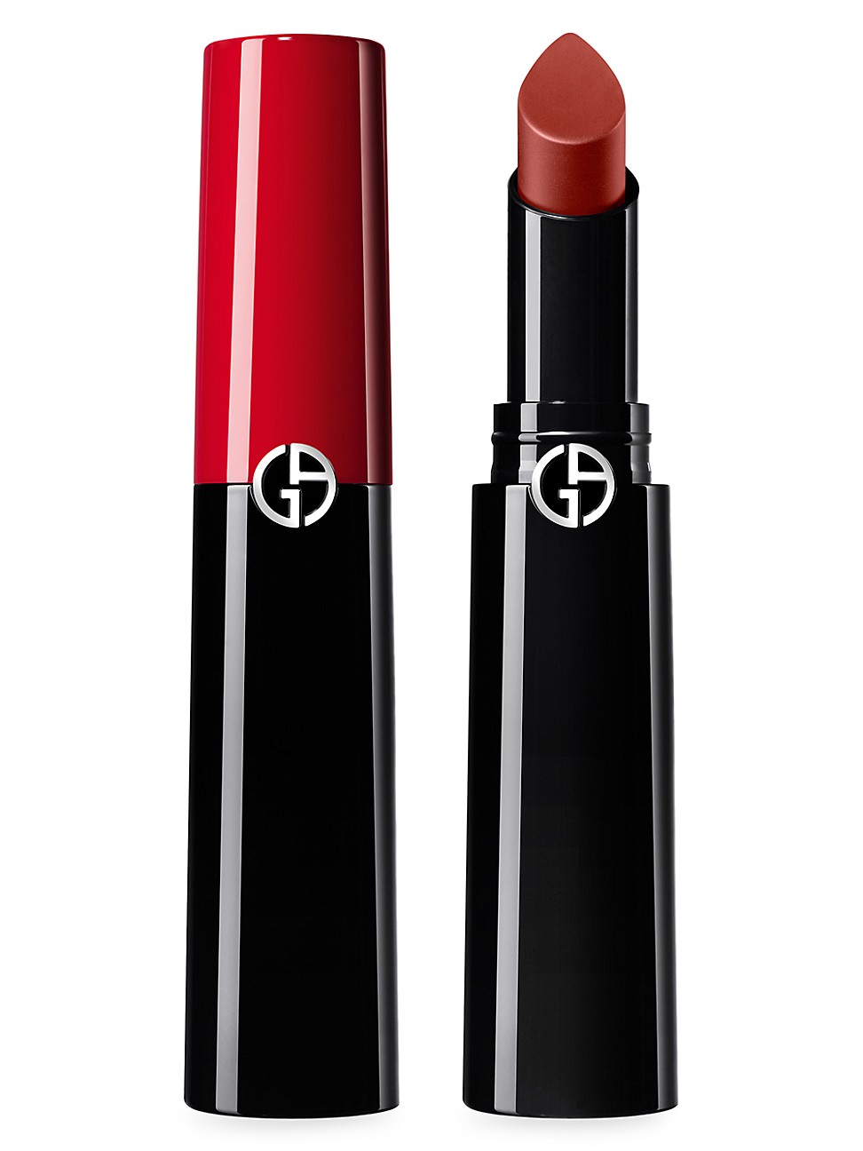 Giorgio Armani Lip Power Longwear Lipstick in No.201 Majestic, featuring a sleek black and red casing with a bullet tip in a rich, warm brown shade.