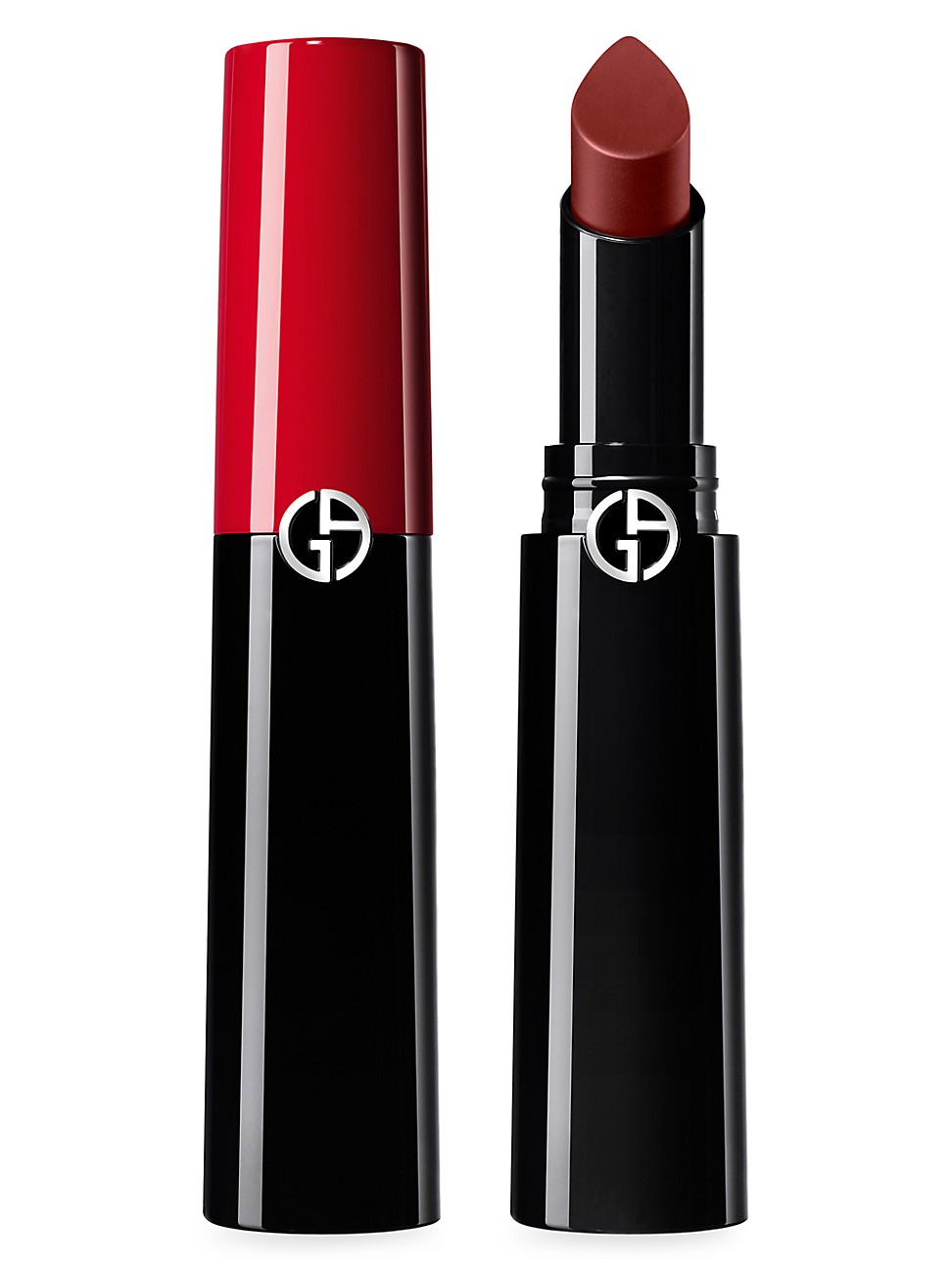 Giorgio Armani Lip Power Longwear Vivid Color Lipstick in shade #202 Grazia, featuring a sleek black and red tube with a logo, showcasing a rich, warm reddish-brown lipstick bullet.