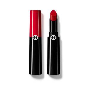 Armani Beauty Lip Power lipstick in shade 400 features a sleek black and red tube, with a vivid red bullet showcasing its long-wear formula.