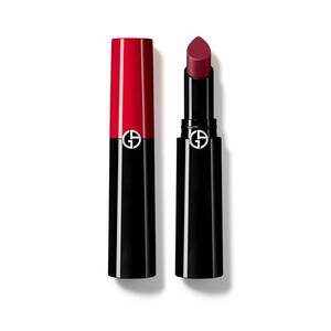 Bold burgundy lipstick in a sleek black tube with a striking red cap, featuring the Giorgio Armani logo on the side.