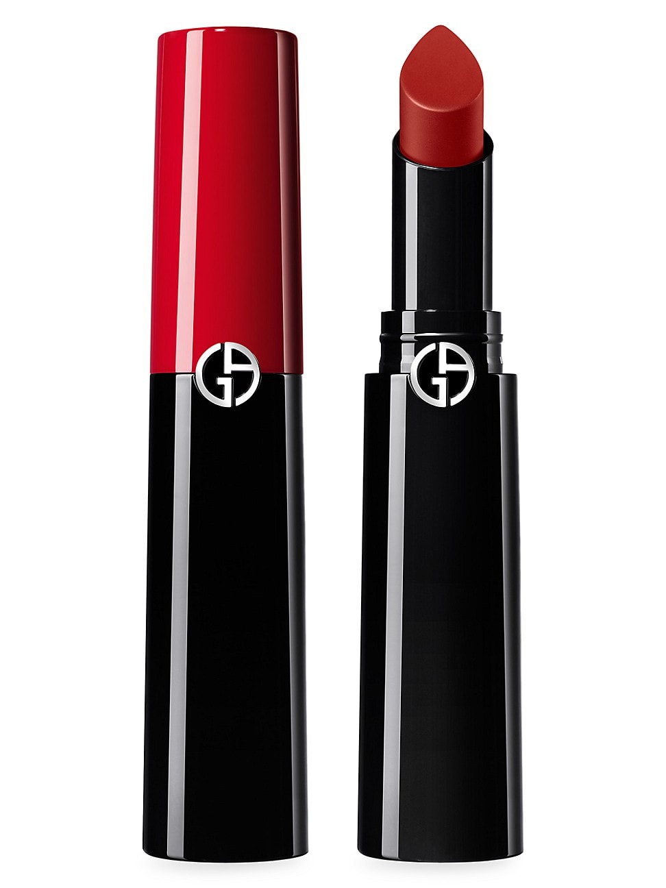 Giorgio Armani Lip Power lipstick in shade #405 Sultan, featuring a sleek black and red tube with a glossy finish and a vivid red bullet.