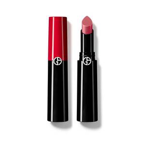 Armani Beauty Lip Power lipstick in shade 502, featuring a sleek black and red tube with a logo, reveals a creamy, soft pink bullet for vivid color and long wear.
