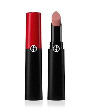 Red and black lipstick tube with a sleek design, featuring the Giorgio Armani logo, showcasing a nude pink lipstick bullet inside.