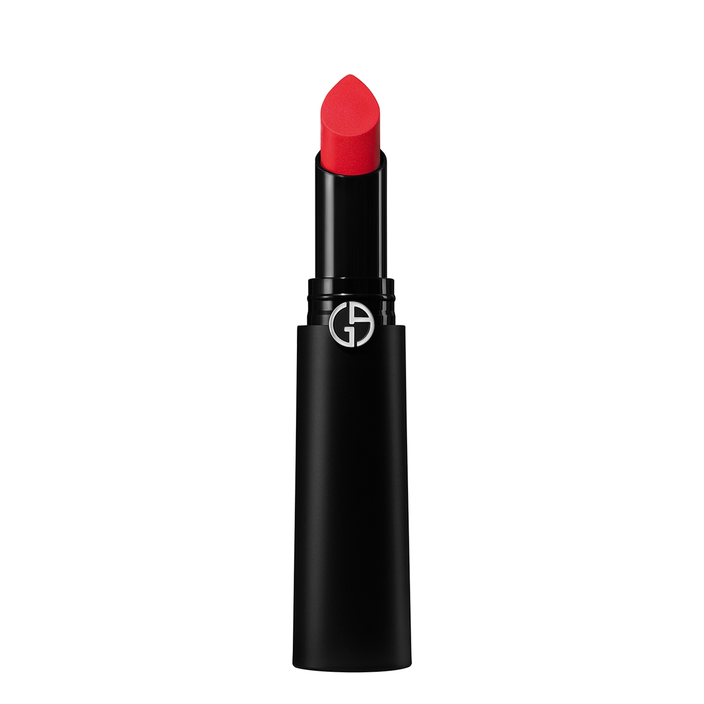 Armani Beauty Lip Power Matte in shade 307 features a sleek black tube with the iconic Giorgio Armani logo and a vibrant red bullet with a pointed tip.