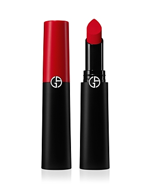 Red lipstick in a sleek black tube with a glossy red cap, featuring the Giorgio Armani logo, showcasing a matte finish.