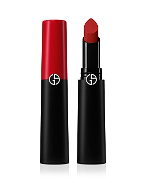 Red and black lipstick tube featuring a sleek design, with a matte finish and the Giorgio Armani logo, showcasing a bold red lipstick bullet.