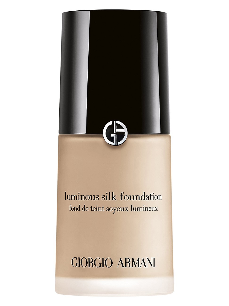 Luminous Silk Foundation by Giorgio Armani in a sleek glass bottle with a black cap, featuring a silver logo and a beige liquid inside, labeled "2" for shade.