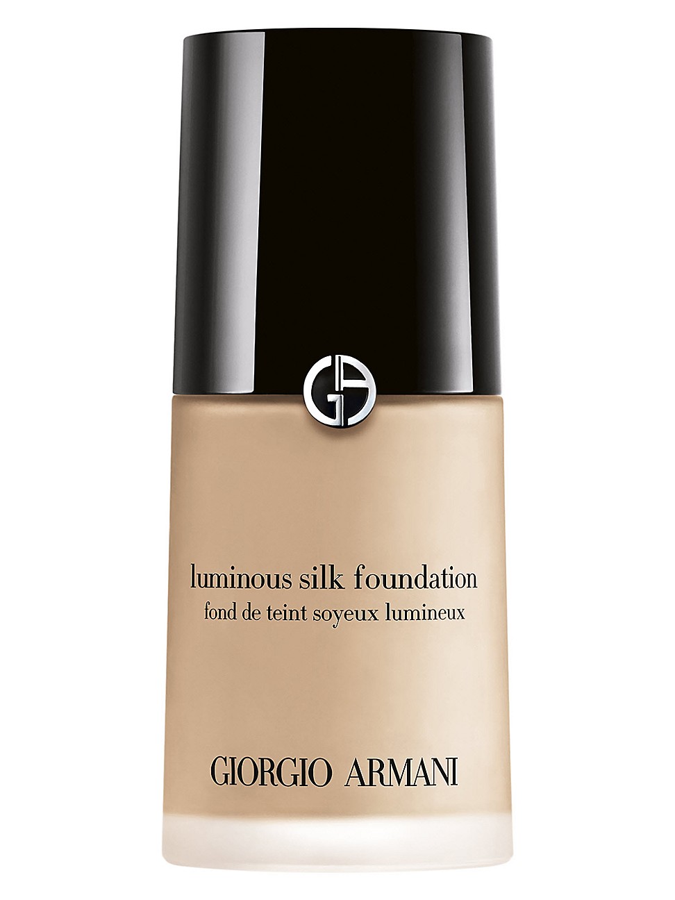 Luminous Silk Foundation by Giorgio Armani in a sleek glass bottle, featuring a black cap and silver logo, with a light beige shade labeled "3.5."
