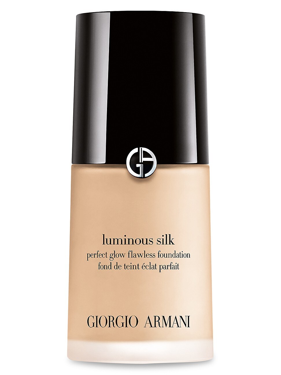 Luminous Silk Foundation by Giorgio Armani in a sleek glass bottle with a black cap, featuring a beige liquid inside and elegant branding on the front.