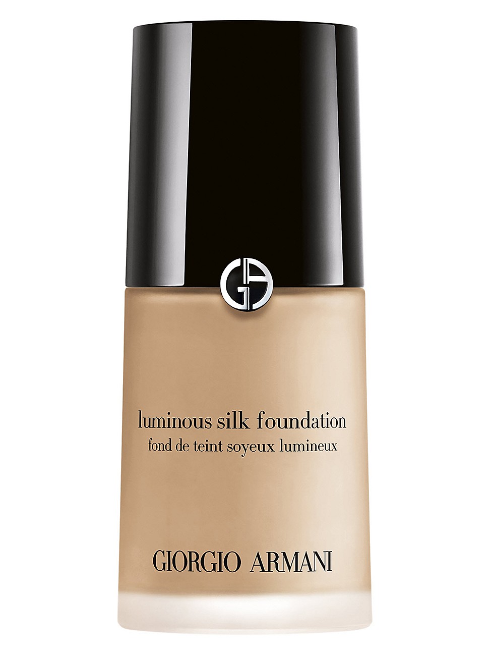 Luminous Silk Foundation by Giorgio Armani in a sleek glass bottle with a black cap, featuring the brand logo and a light beige shade, labeled for 30ml, shade 6.5.
