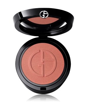 Giorgio Armani Luminous Silk Glow Blush in a sleek black compact, featuring a soft peachy-pink powder with a signature logo embossed on the surface.