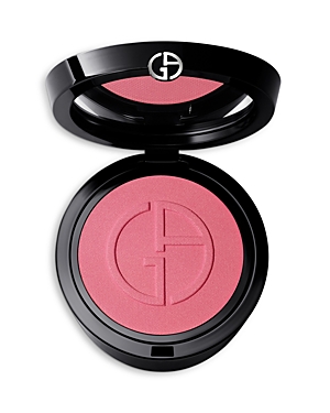 Round compact featuring a soft pink blush with a subtle shimmer, embossed with the Giorgio Armani logo, encased in a sleek black exterior.